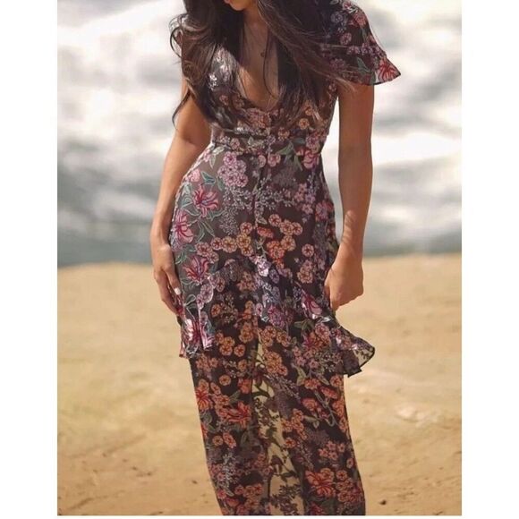 Free People For Love & Lemons $295 Silk ViVi Flora Cleo Burnout Maxi Dress Sz XS - Picture 4 of 8